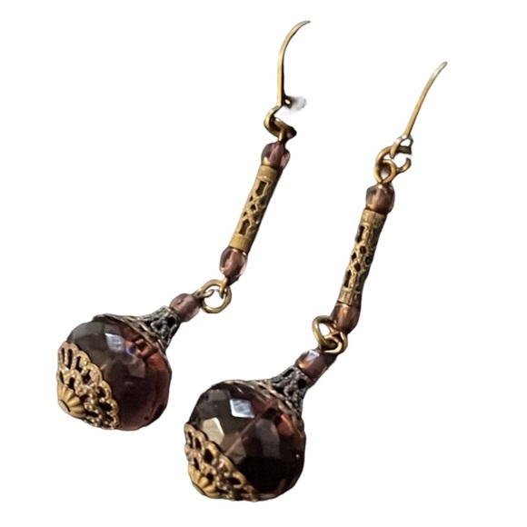 Vintage Jewelry - Antique Art Nouveau Bronze Filagree Purple Czech Glass Beaded Drop Earrings